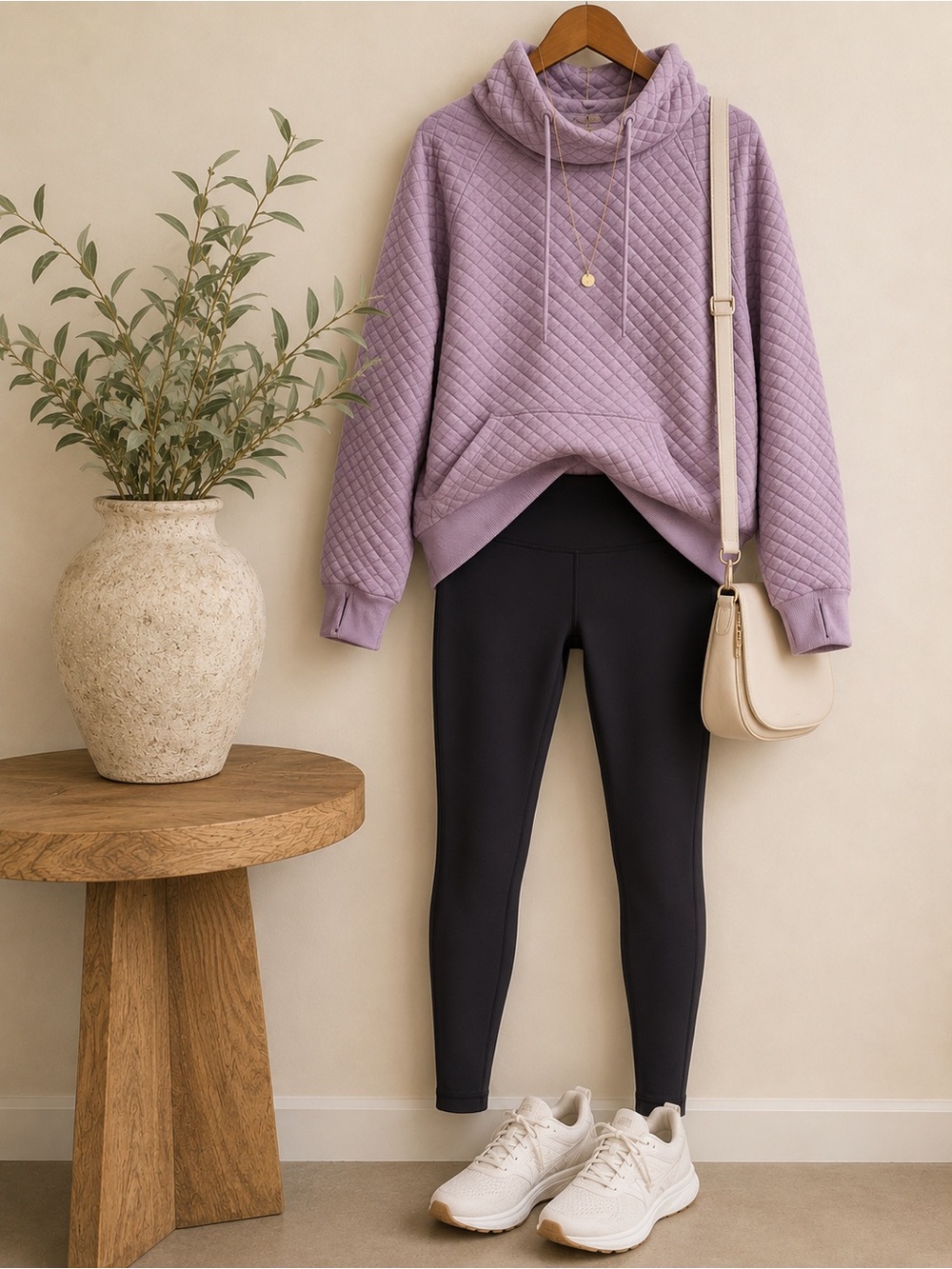 GreenTea Quilted Cowl Neck Pullover | Mauve | Kangaroo Pocket | Size XL